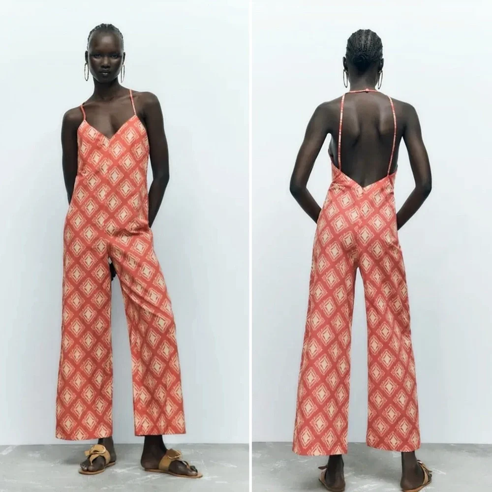 NWT Zara The Jami Ikat Pattern Boho Jumpsuit in Terracotta